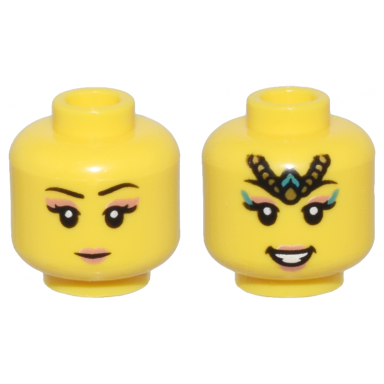 yellow minifigure head dual sided female thin black eyebrows nougat eye shadow and lips smile gold tiara and dark turquoise highlights pattern