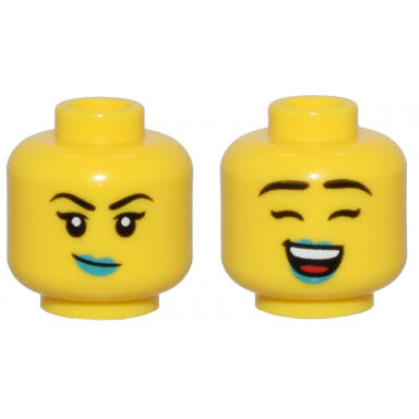 yellow minifigure head dual sided female thin black eyebrows dark turquoise lips and crooked smile closed eyes open mouth smile pattern