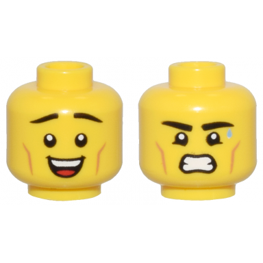 yellow minifigure head dual sided thin black eyebrows medium nougat cheek lines and open mouth smile sweat drop grimace pattern