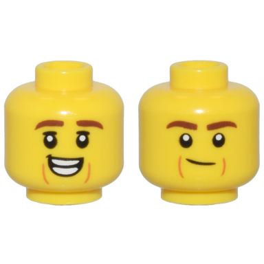 yellow minifigure head dual sided reddish brown eyebrows dark orange cheek lines and open mouth smile smirk pattern