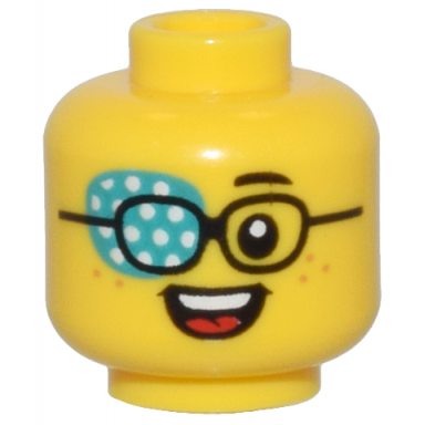 yellow minifigure head child black eyebrow and glasses dark turquoise eye patch with white dots nougat freckles open mouth smile with teeth and red tongue pattern