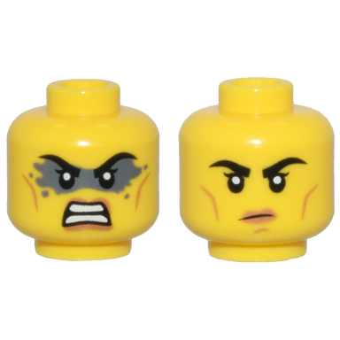yellow minifigure head dual sided female black eyebrows medium nougat lips and cheek lines dark bluish gray face paint angry closed mouth frown pattern