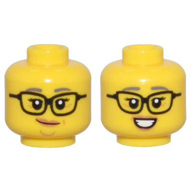 yellow minifigure head dual sided female black glasses dark bluish gray eyebrows medium nougat lips and wrinkles smirk smile pattern