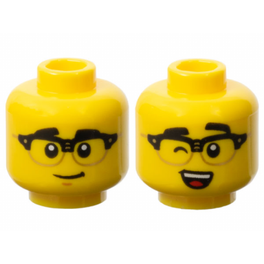 yellow minifigure head dual sided black eyebrows and horn rimmed glasses grin wink with open mouth white teeth and red tongue pattern