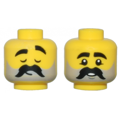 yellow minifigure head dual sided thick black eyebrows and moustache light bluish gray beard stubble closed eyes and eyebrow raised small smile pattern
