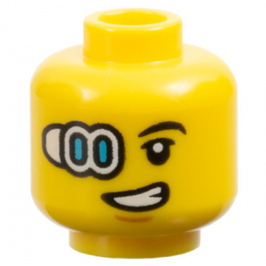 yellow minifigure head black eyebrow white and medium azure cyborg eyepiece medium nougat chin dimple lopsided open mouth grin with teeth pattern