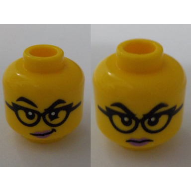 yellow minifigure head dual sided female black eyebrows and glasses medium lavender lips lopsided grin stern pattern