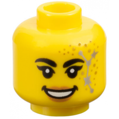 yellow minifigure head female black thick eyebrows and single eyelashes nougat lips gold dots silver stars constellation open mouth smile with teeth pattern