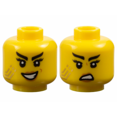 yellow minifigure head dual sided female black eyebrows long eyelashes medium nougat lips gold stripes tattoo evil open mouth smile with teeth scowl pattern