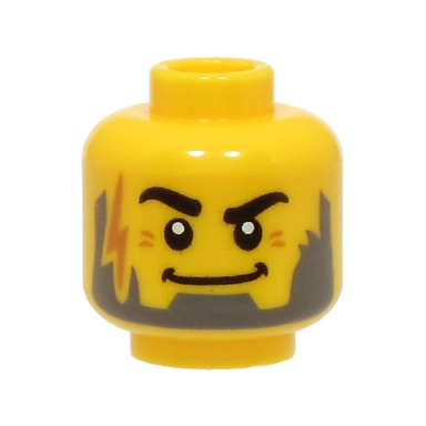 yellow minifigure head thick black eyebrows dark bluish gray beard medium nougat lightning bolt scar flat grin pattern