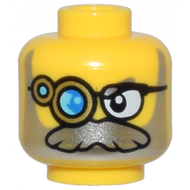 yellow minifigure head black glasses gold monocle with dark azure and medium azure lens clear left lens silver beard and moustache pattern