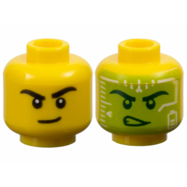 yellow minifigure head dual sided black eyebrows and lopsided grin dark green eyebrows eyes and determined open mouth with teeth lime and white head-up display hud pattern