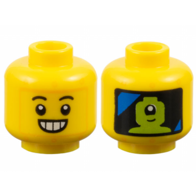 yellow minifigure head robot black eyebrows open smile with teeth bright light orange rivets panel with blue streaks and lime alien pilot on back pattern