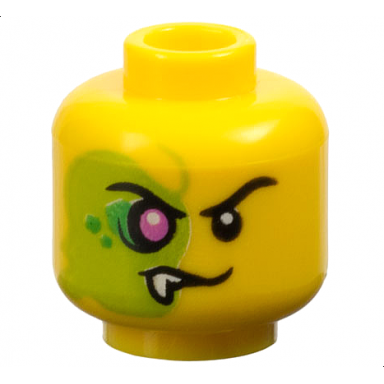 yellow minifigure head alien black eyebrows evil grin left lime face with magenta eye bright green scales and white fang right pattern