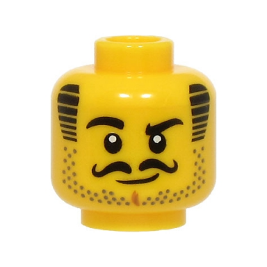 yellow minifigure head black eyebrows curly moustache and striped sideburns dark tan stubble medium nougat chin dimple grin pattern