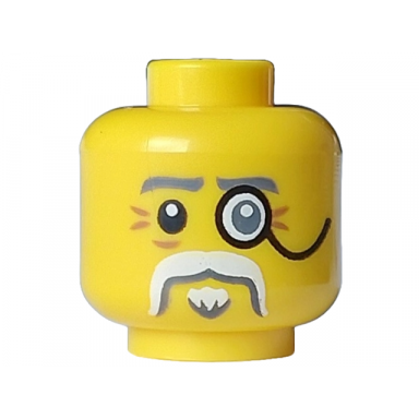 yellow minifigure head dark bluish gray eyebrows black eye right and monocle left white moustache and goatee and dark orange wrinkles pattern