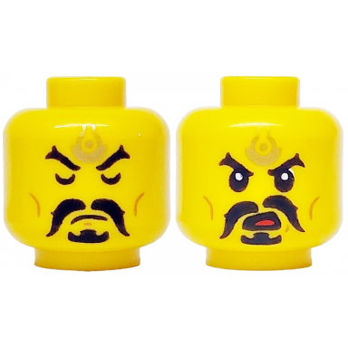 yellow minifigure head dual sided black eyebrows moustache and goatee gold forehead tattoo medium nougat cheek lines eyes closed eyes and mouth open with red tongue pattern