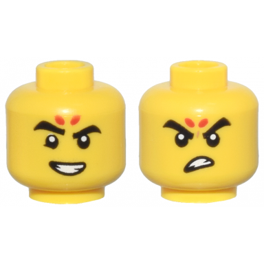 yellow minifigure head dual sided thick black eyebrows 2 red spots eyebrow raised and open mouth smile with teeth angry pattern