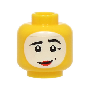 yellow minifigure head black eyebrows and dimples white face paint red lips lopsided grin pattern