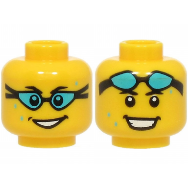yellow minifigure head dual sided black eyebrows open mouth smile medium azure water drops swim goggles over eyes on forehead pattern bam