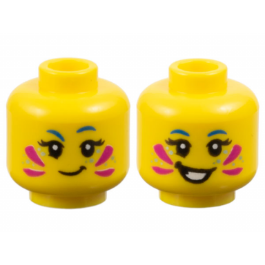 yellow minifigure head dual sided female blue eyebrows black eyelashes magenta face paint metallic light blue dots lopsided grin open mouth smile with teeth pattern