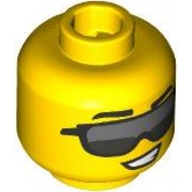 yellow minifigure head black eyebrows dark bluish gray and dark silver sunglasses lopsided open mouth smile with teeth pattern