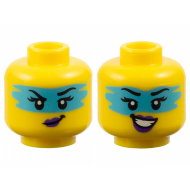 yellow minifigure head dual sided female black eyebrows eyelashes medium azure face paint dark purple lips lopsided grin open mouth smile with teeth pattern