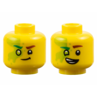 yellow minifigure head dual sided reddish brown eyebrow left bright green eyebrow right lime smudge on right lopsided grin smile with white teeth pattern