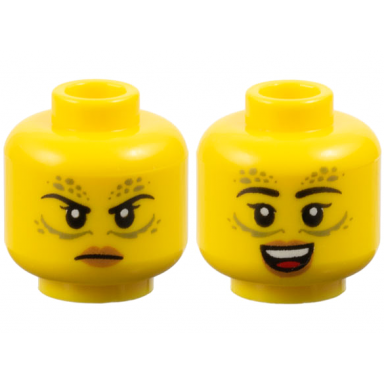 yellow minifigure head dual sided female black eyebrows olive green spots and lines medium nougat lips angry frown open mouth smile pattern
