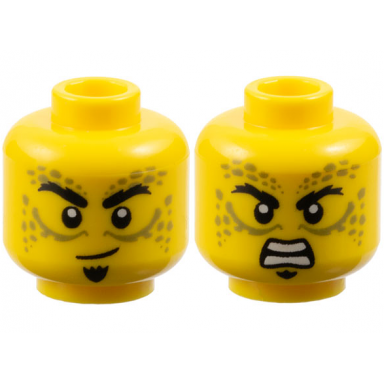 yellow minifigure head dual sided black eyebrows soul patch olive green spots and lines lopsided grin open mouth scowl with teeth pattern