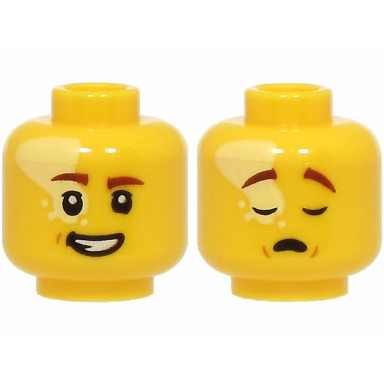 yellow minifigure head dual sided reddish brown eyebrows bright light yellow splotch open mouth smile with teeth sleeping pattern bam