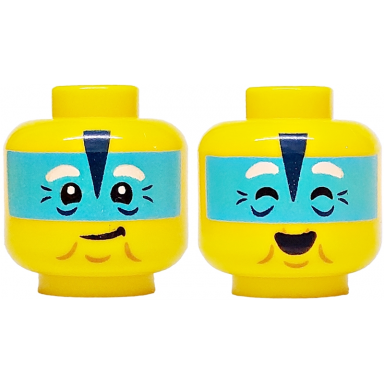 yellow minifigure head dual sided white eyebrows medium azure band black triangle crows feet chin dimple wrinkles lopsided grin closed eyes open mouth smile pattern