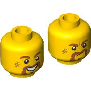 yellow minifigure head dual sided dark orange eyebrows moustache and soul patch scuff mark open mouth smile with teeth angry pattern