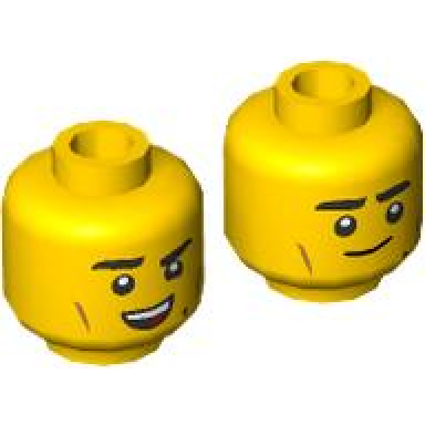 yellow minifigure head dual sided black eyebrows beauty mark medium nougat cheek lines open mouth smile with top teeth and tongue grin pattern
