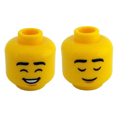 yellow minifigure head dual sided black eyebrows closed eyes medium nougat chin dimple open mouth smile with teeth closed mouth grin pattern