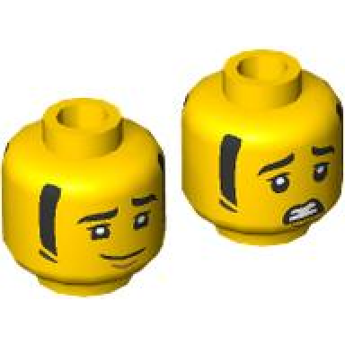 yellow minifigure head dual sided black eyebrows and sideburns medium nougat chin dimple lopsided grin scared open mouth with teeth pattern