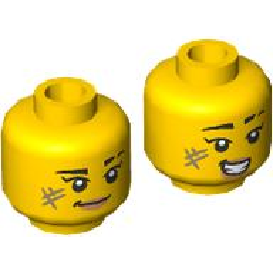 yellow minifigure head dual sided female black eyebrows scar olive green scuff mark nougat lips lopsided grin open mouth smile with teeth pattern