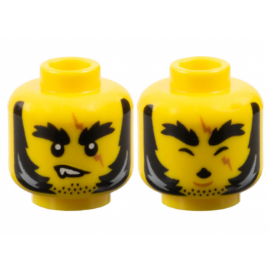 yellow minifigure head dual sided black bushy thick eyebrows stubble and mutton chops with light bluish gray highlights medium nougat zig zag scar lopsided grin with fang howling with closed eyes and chin dimple pattern