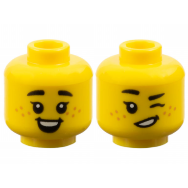 yellow minifigure head dual sided child female black small thick eyebrows single eyelashes medium nougat freckles open mouth smile with dimples and top teeth winking pattern
