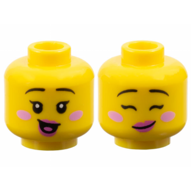 yellow minifigure head dual sided female black thin eyebrows single eyelashes bright pink cheeks dark pink lips open mouth smile with tongue lopsided grin with eyes closed pattern
