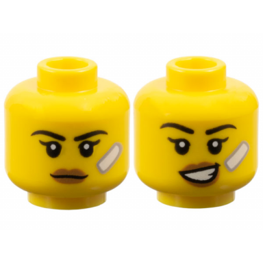 yellow minifigure head dual sided female black eyebrows single eyelashes medium nougat lips white bandage neutral lopsided open mouth smile with teeth pattern
