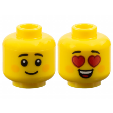 yellow minifigure head dual sided child black small eyebrows bright light orange circles on cheeks grin red heart eyes and open mouth smile with top teeth and tongue pattern