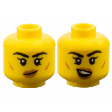 yellow minifigure head dual sided female black thick eyebrows single eyelashes lower eyelid medium nougat small cheek lines and lips lopsided grin open mouth smile with top teeth and gold tooth pattern