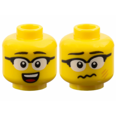 yellow minifigure head dual sided black eyebrows glasses with white lenses open mouth smile with top teeth and red tongue dizzy with medium nougat scratches pattern