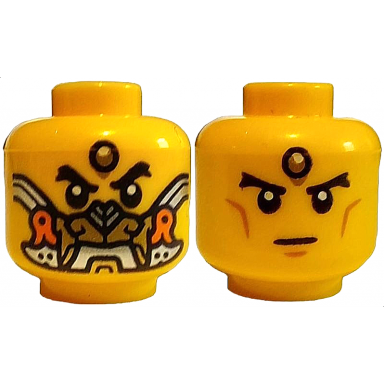 yellow minifigure head dual sided black thick eyebrows forehead jewel gold orange and silver mask stern with medium nougat cheek lines and chin dimple pattern