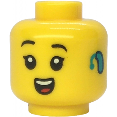 yellow minifigure head child female black raised eyebrows single eyelashes dark turquoise hearing aid on left open mouth smile with top teeth and red tongue pattern