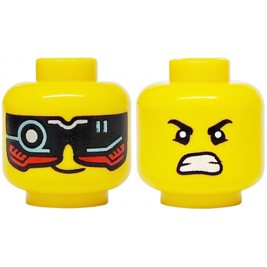 yellow minifigure head dual sided black and red visor with silver and metallic light blue circuitry lopsided grin eyebrows bottom eyelids angry bared teeth pattern