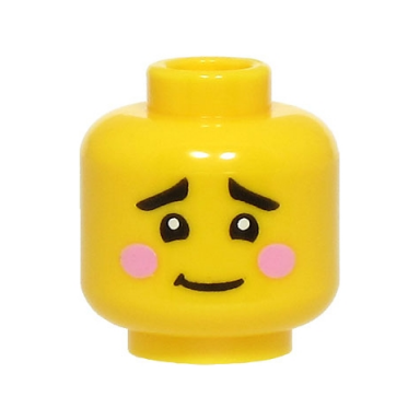 yellow minifigure head black eyebrows bright pink cheeks worried lopsided grin pattern bam
