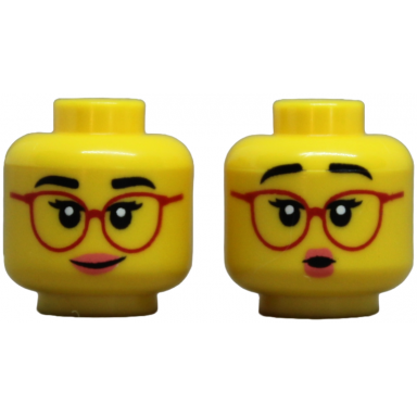 yellow minifigure head dual sided female black eyebrows double eyelashes red glasses coral lips lopsided grin surprised open mouth pattern