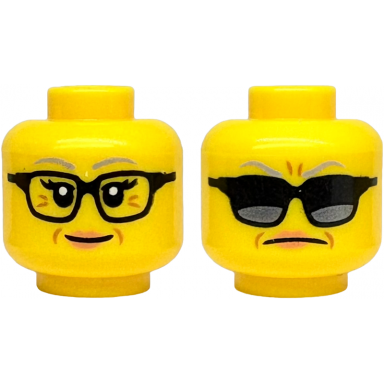 yellow minifigure head dual sided female light bluish gray eyebrows black glasses medium nougat wrinkles nougat lips grin sunglasses and frown pattern